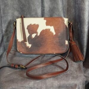 Sonoma Goods For Life Cowhide Print Crossbody Bag Brown White Tassel Accent EUC